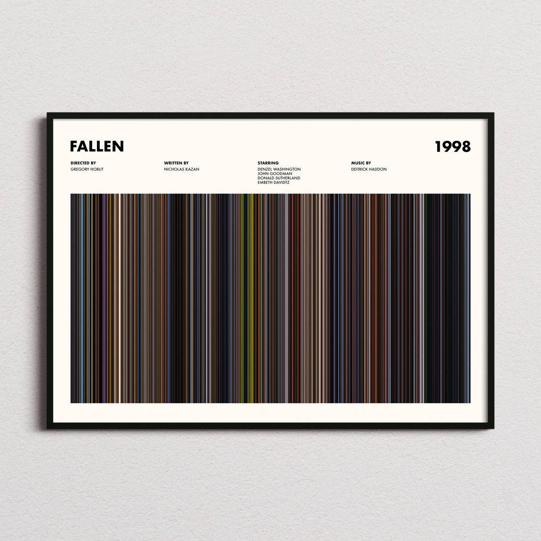 Fallen Movie Barcode Poster framed and photographed straight on