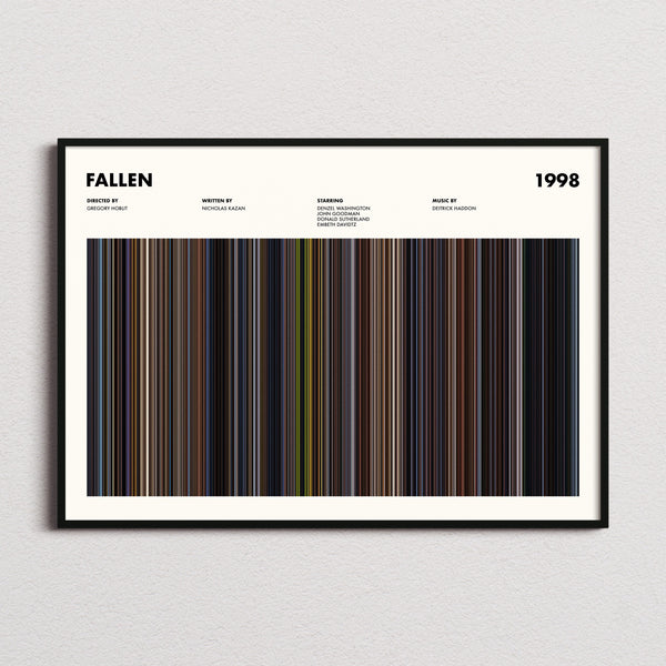 Fallen Movie Barcode Poster framed and photographed straight on