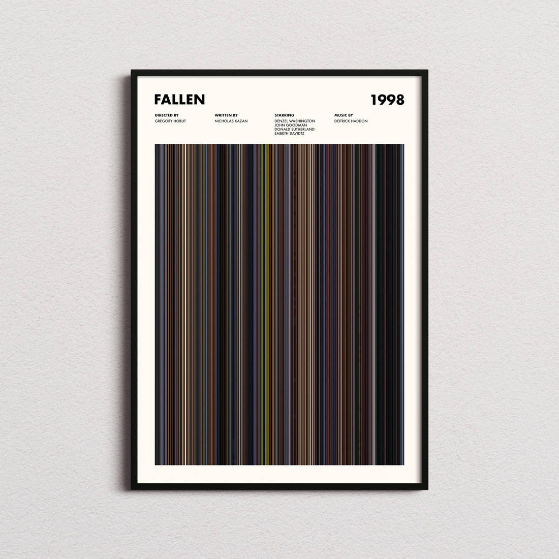 Fallen Movie Barcode Poster framed on a plain studio wall