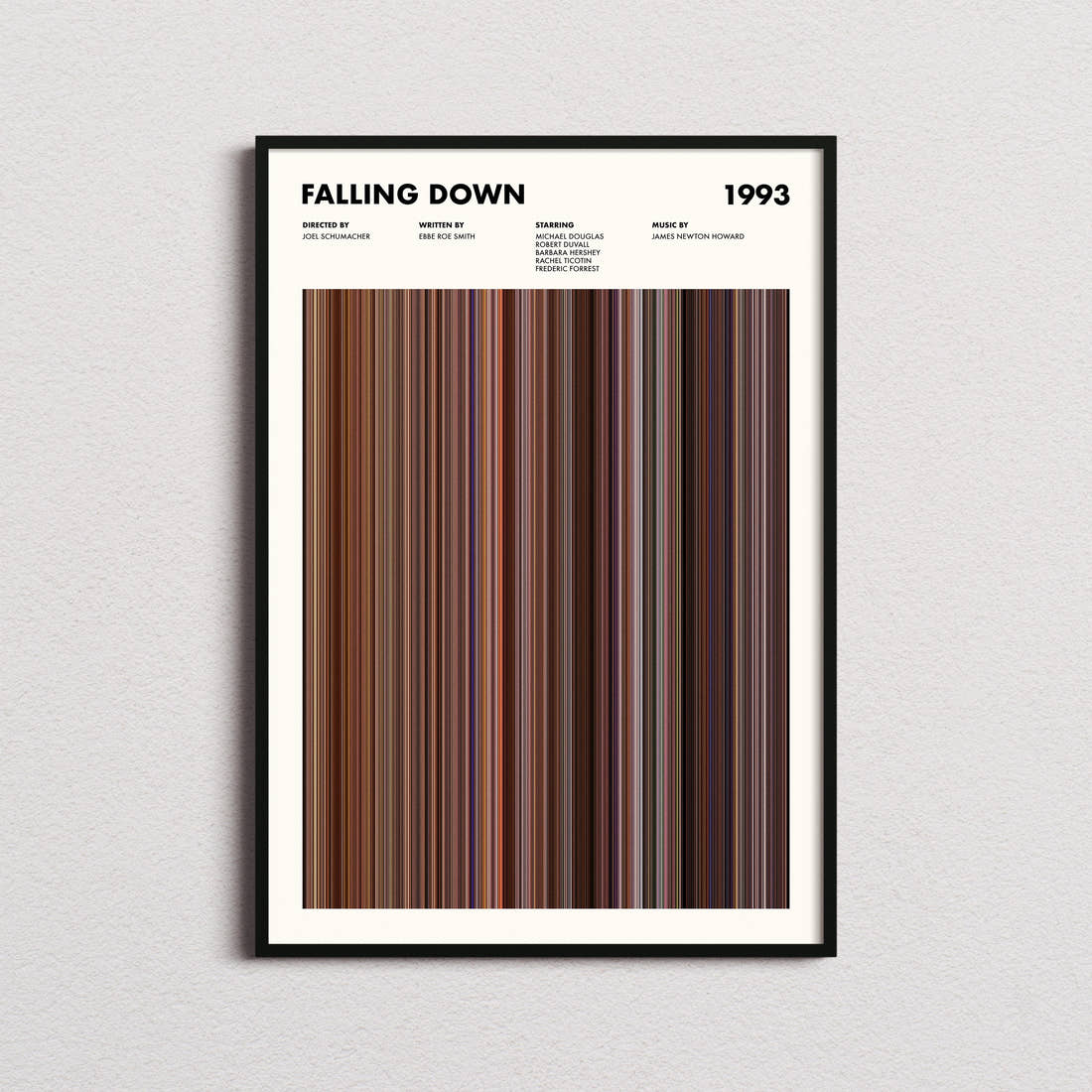 Falling Down Movie Barcode Poster framed on a plain studio wall