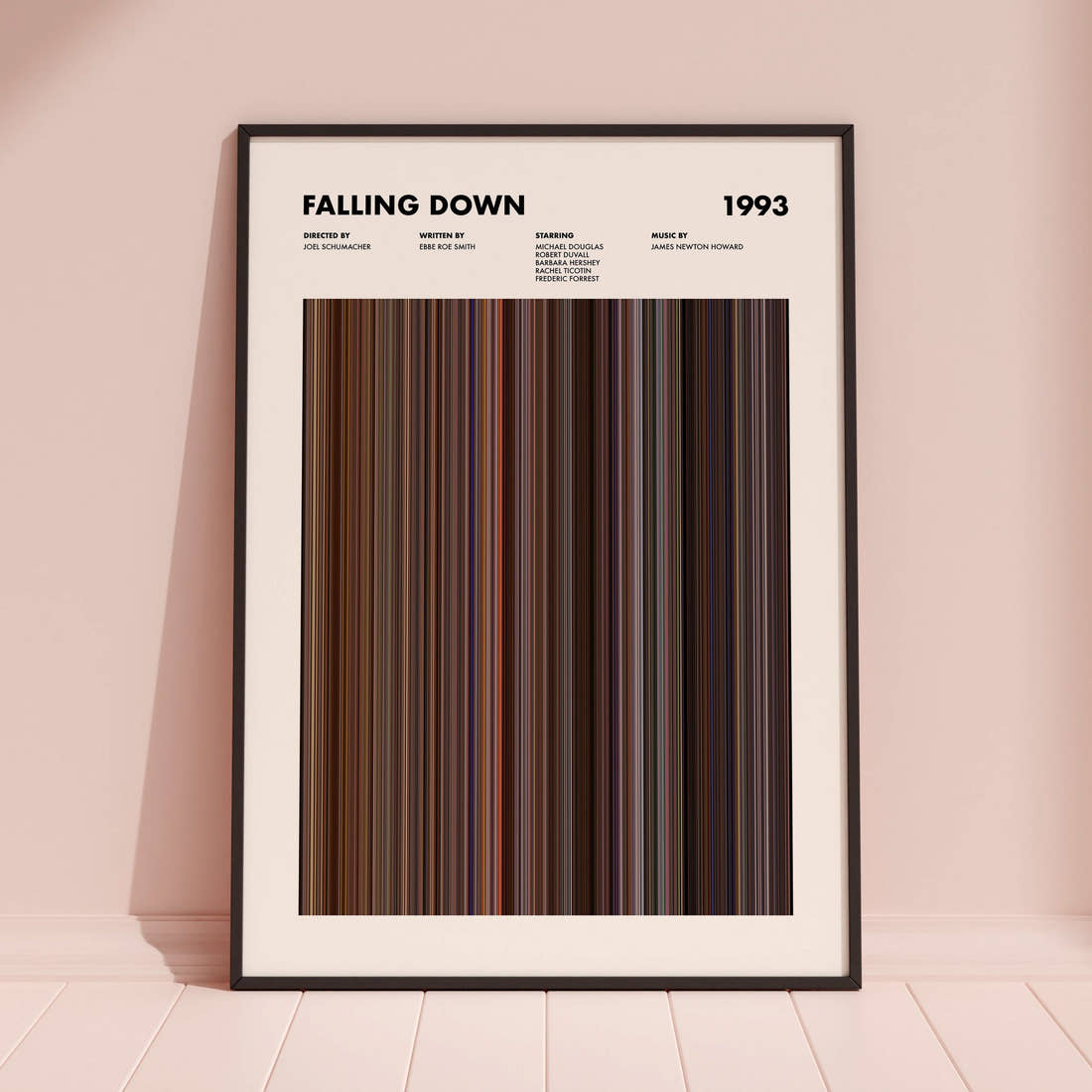 Falling Down Movie Barcode Poster framed and leaning against a coloured wall