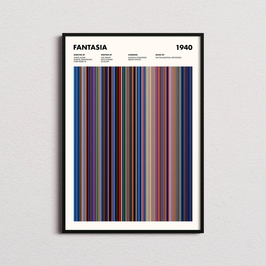 Fantasia Movie Barcode Poster framed on a plain studio wall