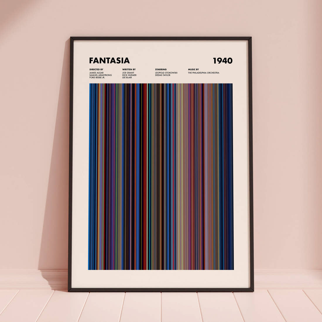 Fantasia Movie Barcode Poster framed and leaning against a coloured wall