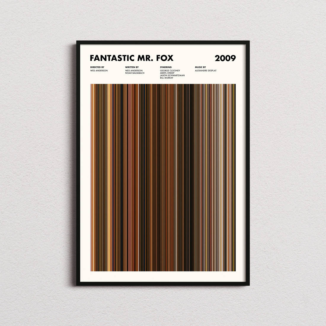 Fantastic Mr. Fox Movie Barcode Poster framed on a plain studio wall