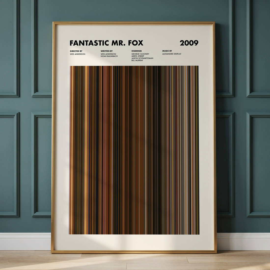 Fantastic Mr. Fox Movie Barcode Poster framed and leaning against a panelled wall
