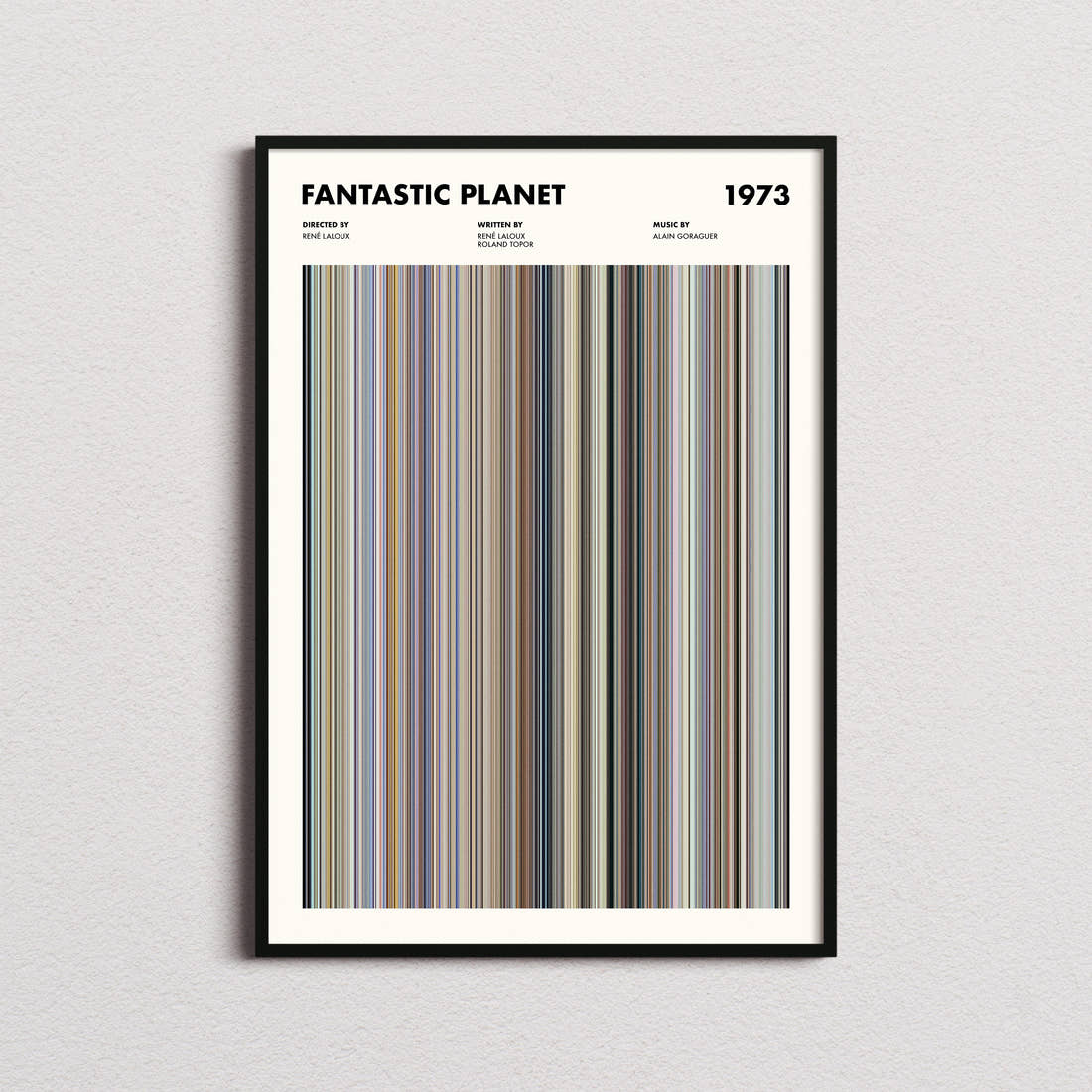 Fantastic Planet Movie Barcode Poster framed on a plain studio wall