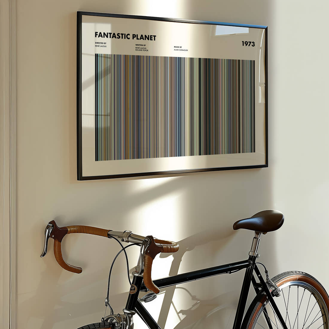 Fantastic Planet Movie Barcode Poster framed on the wall of a styled room setting