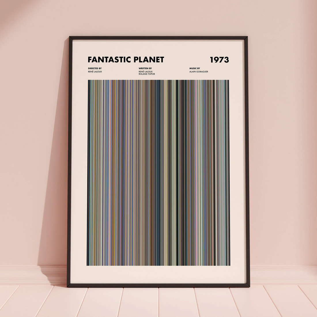 Fantastic Planet Movie Barcode Poster framed and leaning against a coloured wall