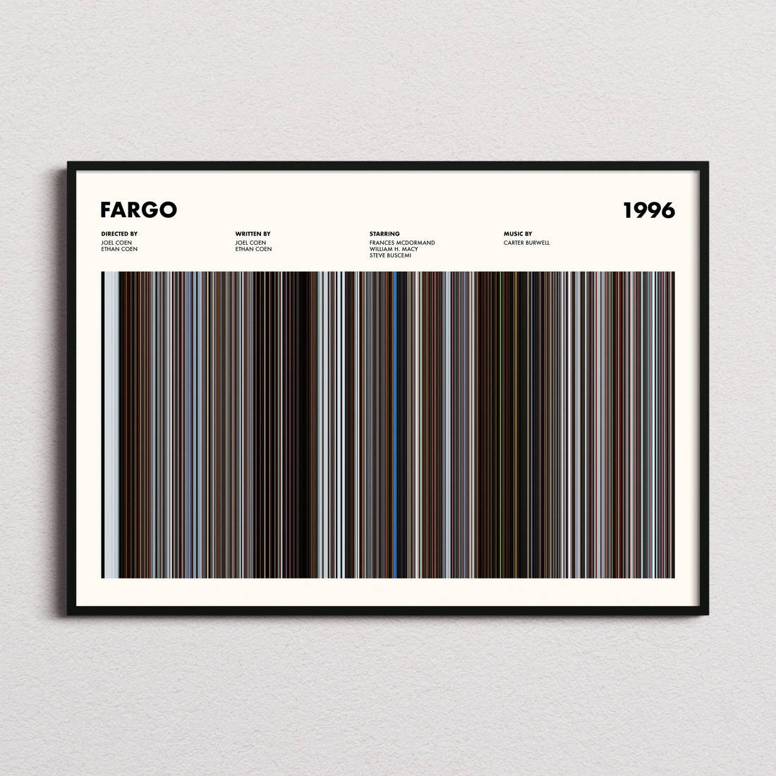 Fargo Movie Barcode Poster framed and photographed straight on