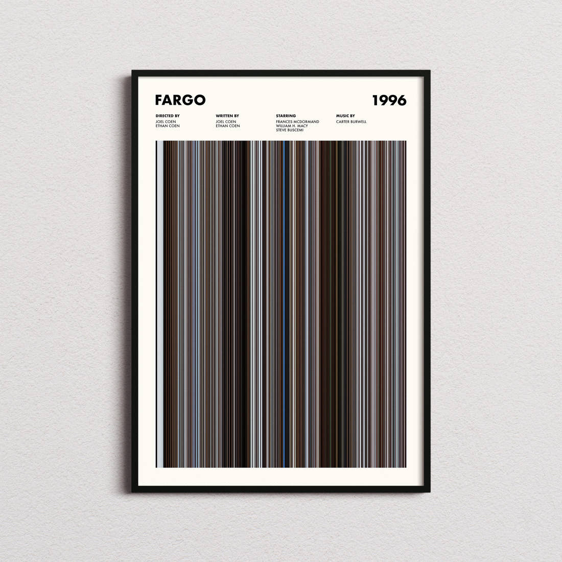 Fargo Movie Barcode Poster framed on a plain studio wall