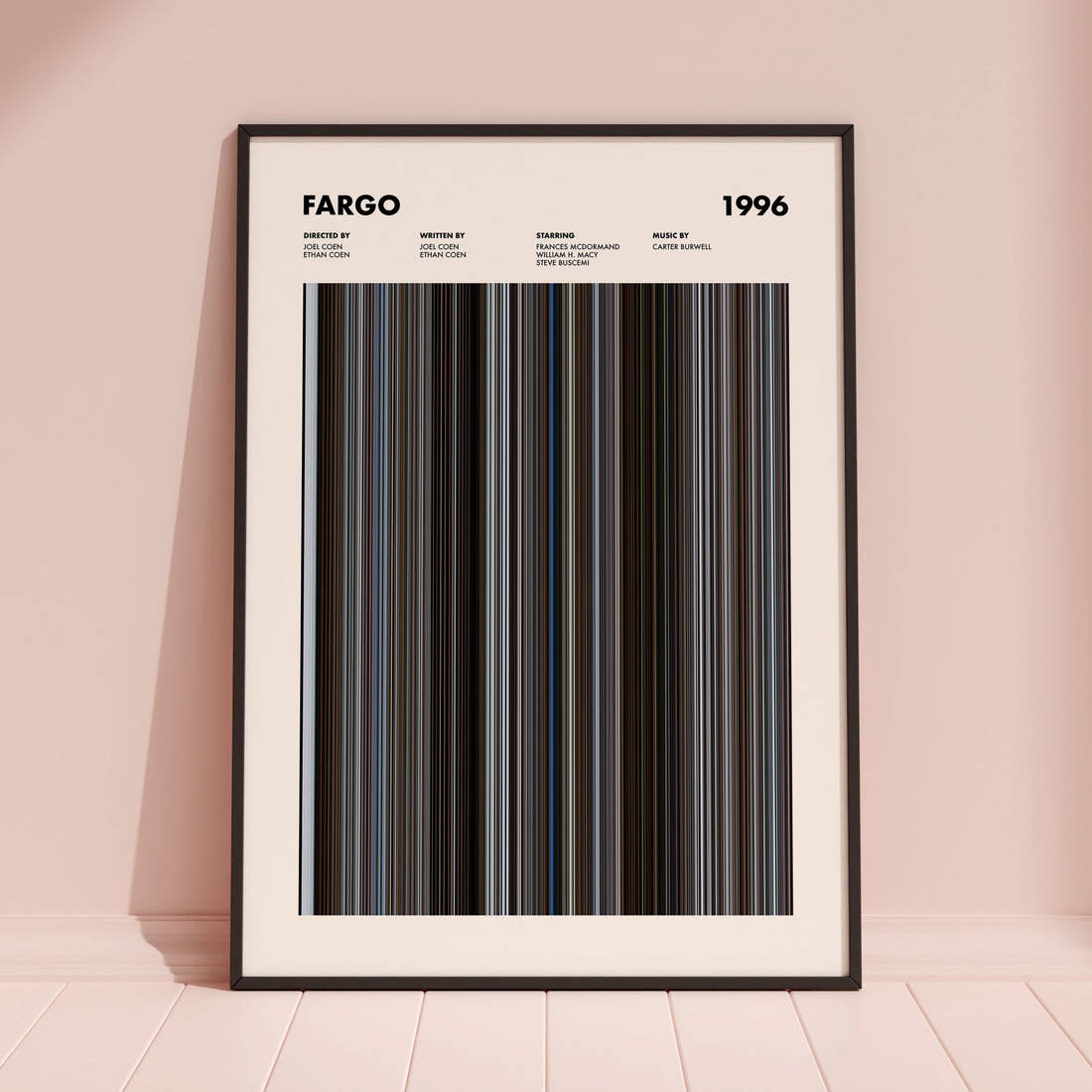 Fargo Movie Barcode Poster framed and leaning against a coloured wall