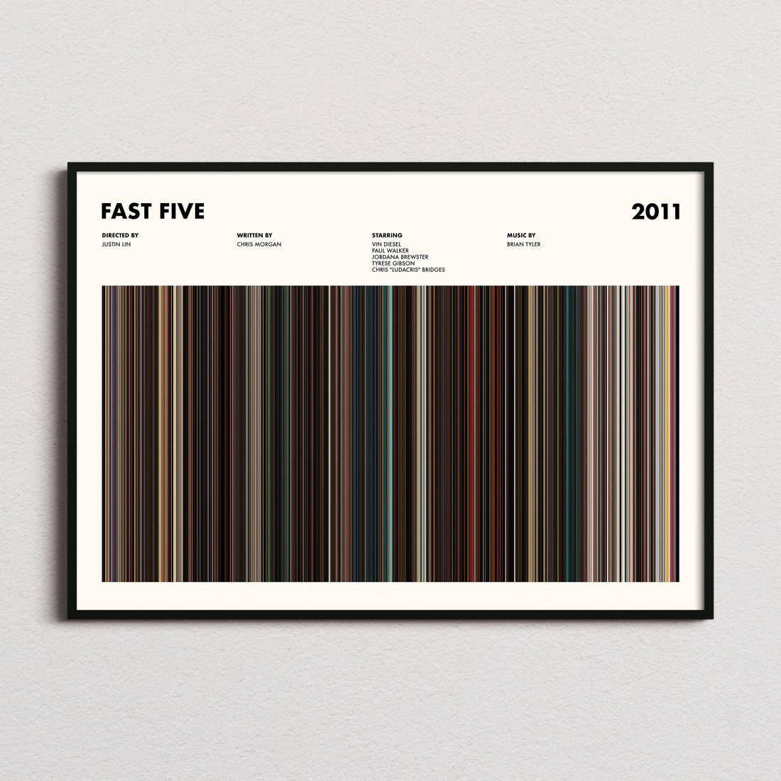 Fast Five Movie Barcode Poster framed and photographed straight on