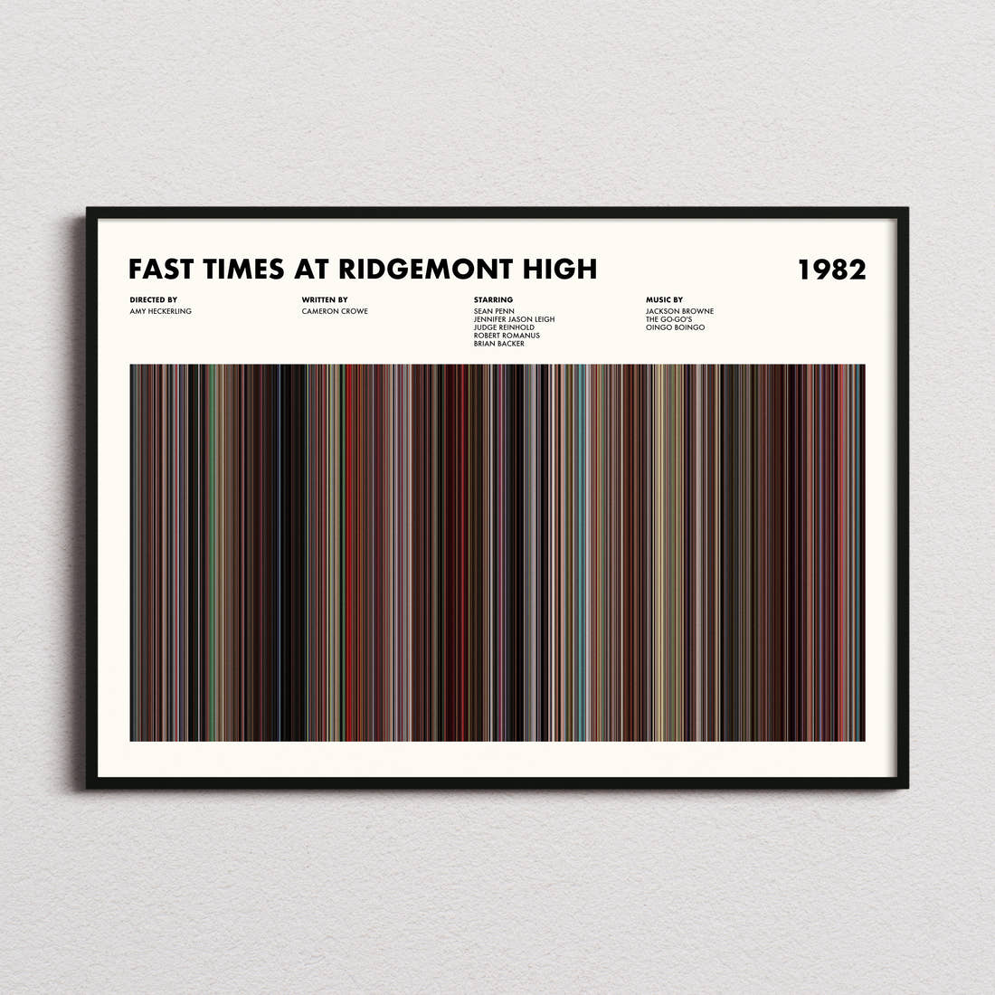 Fast Times At Ridgemont High Movie Barcode Poster framed and photographed straight on