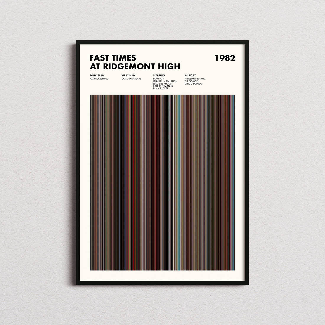 Fast Times At Ridgemont High Movie Barcode Poster framed on a plain studio wall