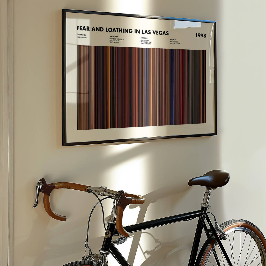 Fear and Loathing in Las Vegas Movie Barcode Poster framed on the wall of a styled room setting