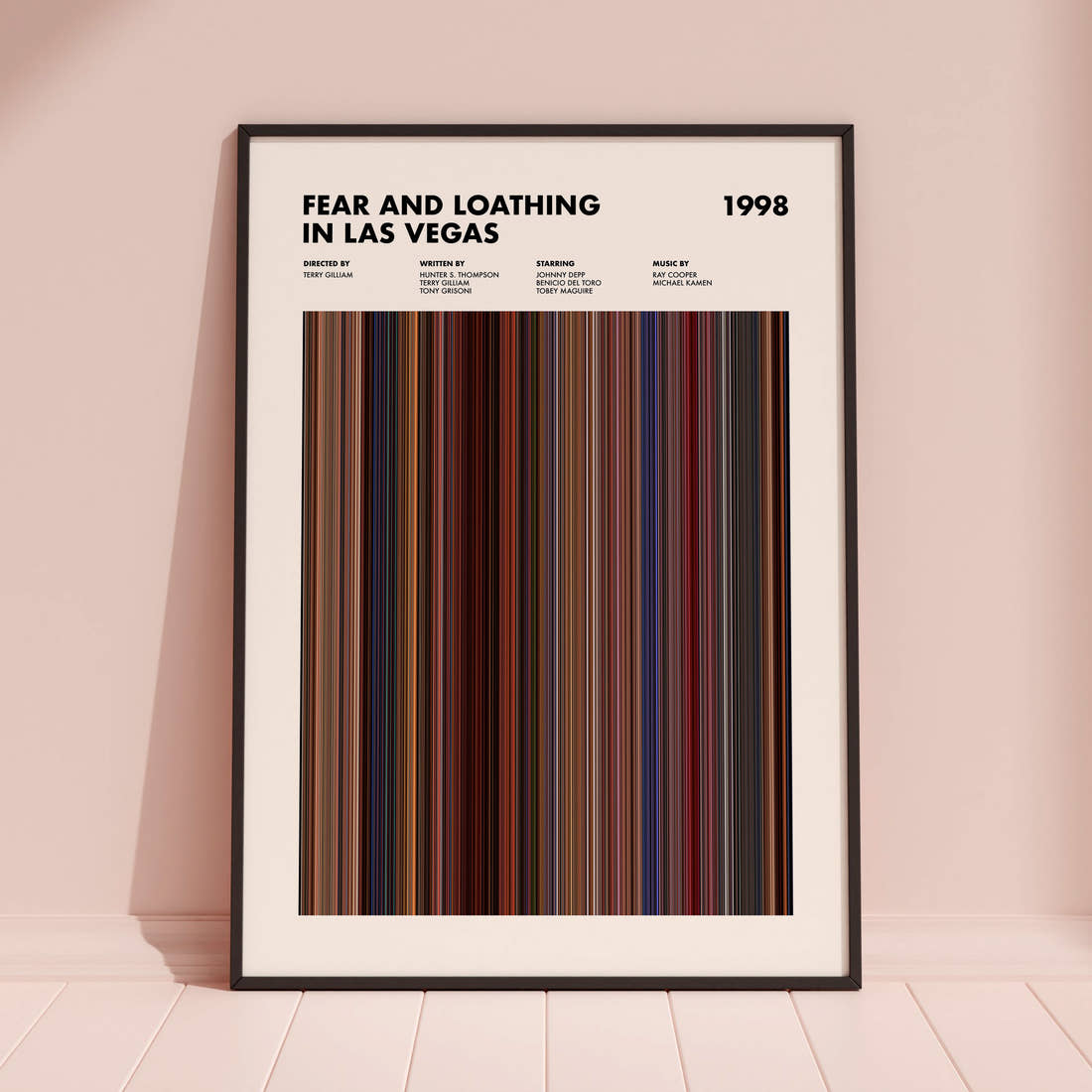 Fear and Loathing in Las Vegas Movie Barcode Poster framed and leaning against a coloured wall