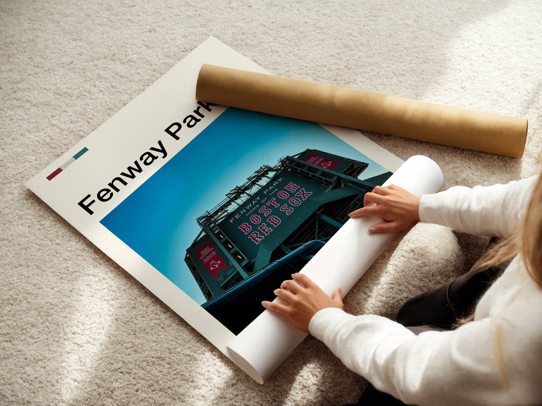 Fenway Park Stadium Print being unrolled from its postal tube