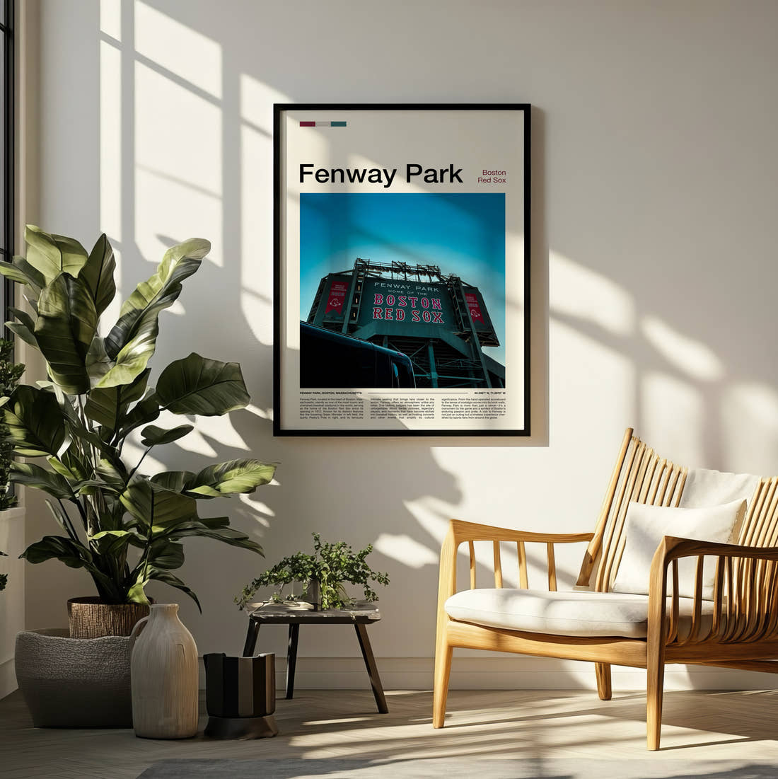 Fenway Park Stadium Print framed on a pale wall beside houseplants