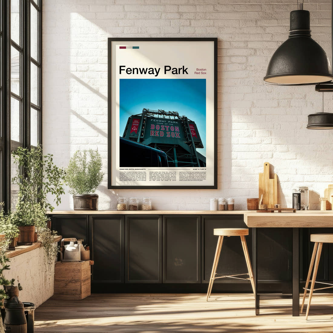 Fenway Park Stadium Print framed on the wall of a bright kitchen and dining space