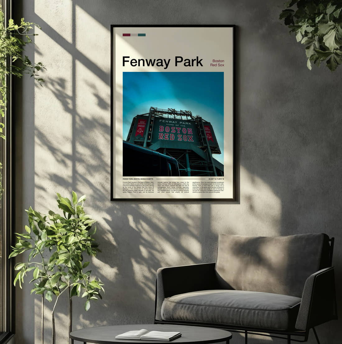 Fenway Park Stadium Print framed on the wall of a relaxed living room