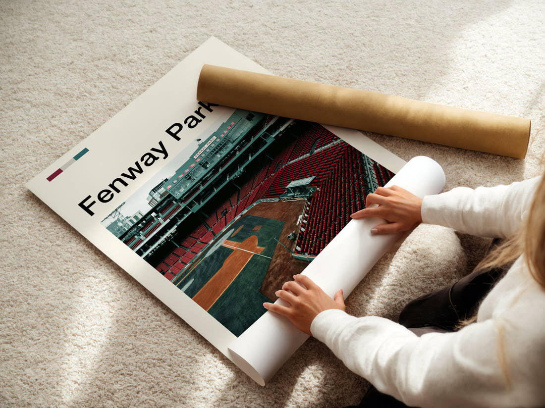 Fenway Park Stadium Print being unrolled from its postal tube
