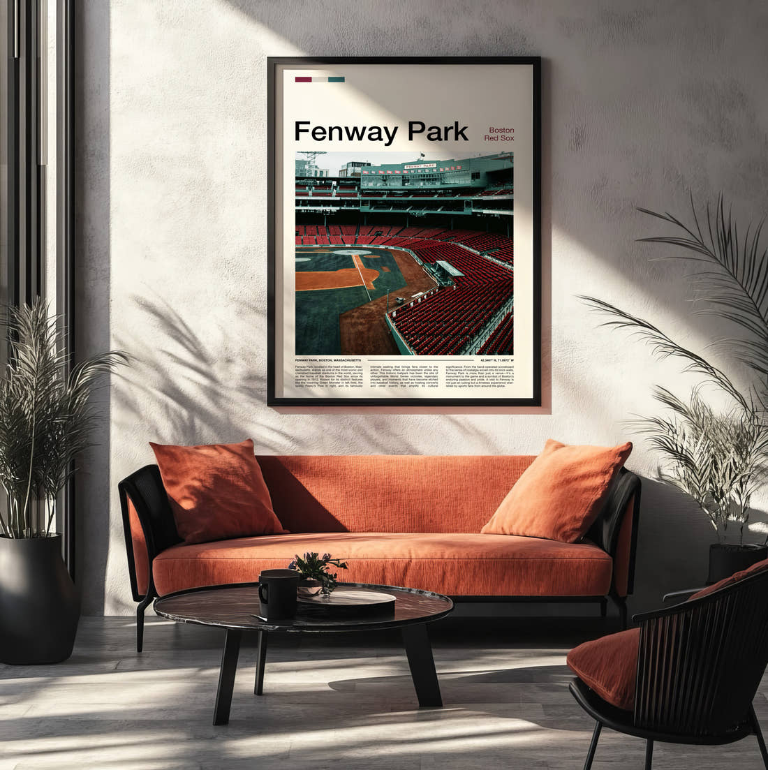 Fenway Park Stadium Print framed on the wall of a modern living room
