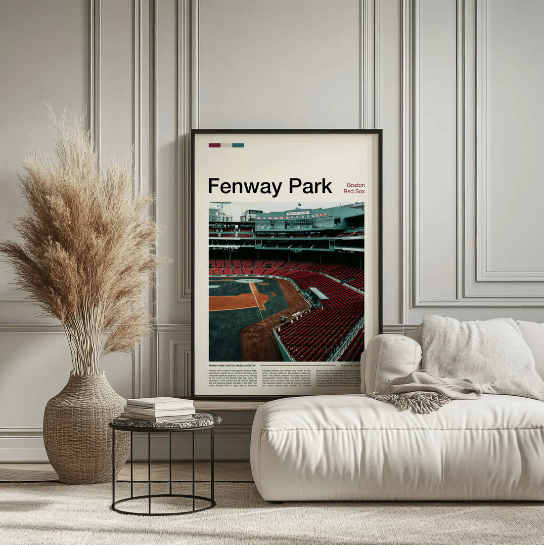 Fenway Park Stadium Print framed on the wall of a calm, neutral bedroom