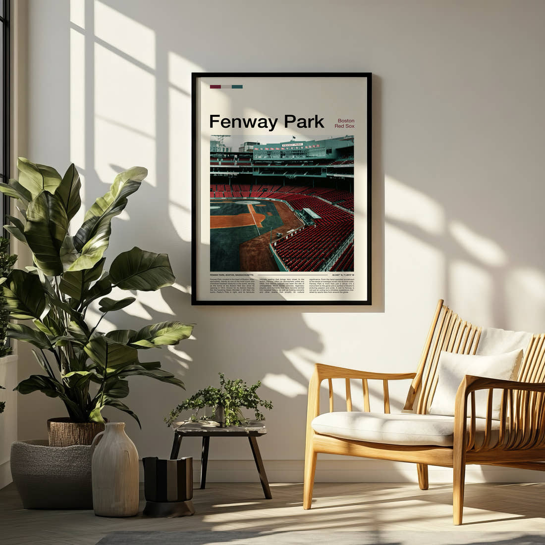 Fenway Park Stadium Print framed on a pale wall beside houseplants