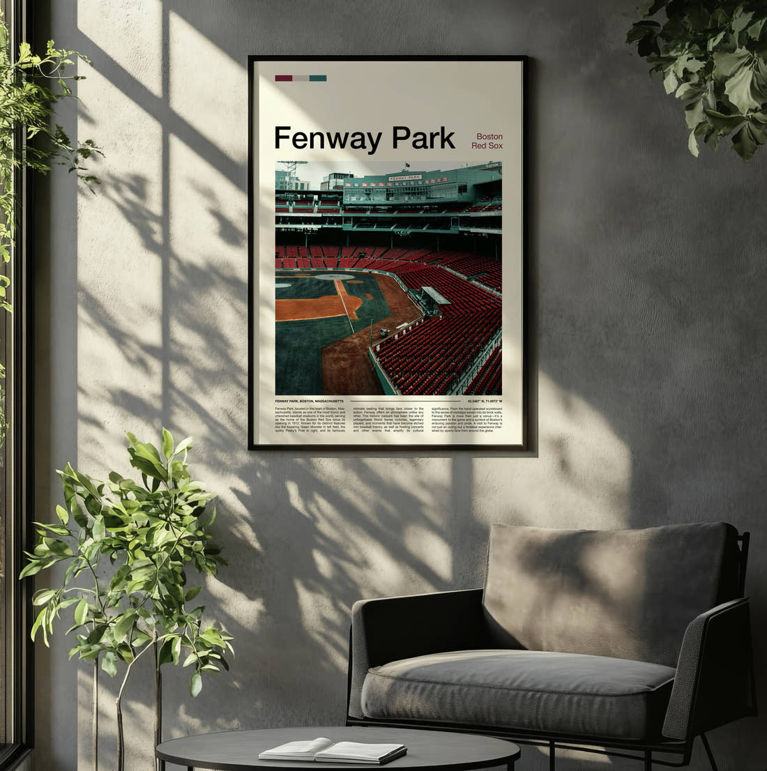 Fenway Park Stadium Print framed on the wall of a relaxed living room