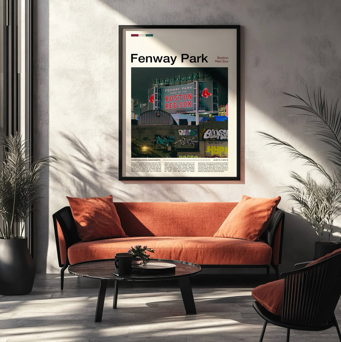 Fenway Park Stadium Print framed on the wall of a modern living room