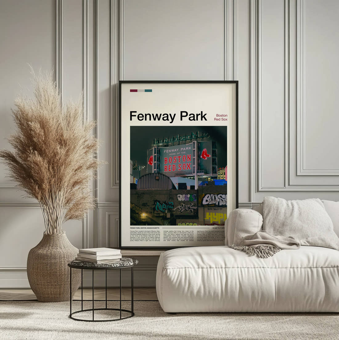 Fenway Park Stadium Print framed on the wall of a calm, neutral bedroom
