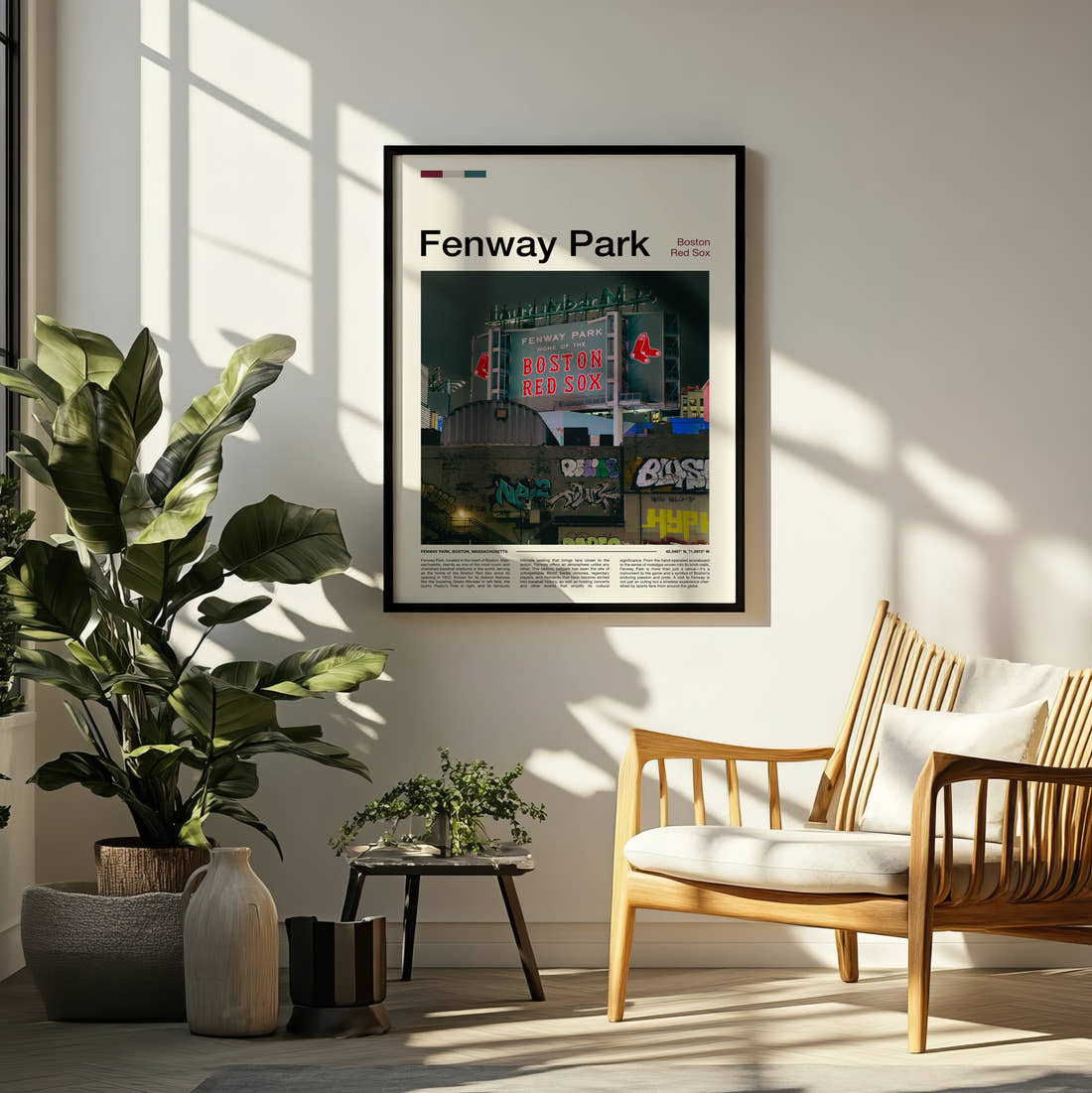 Fenway Park Stadium Print framed on a pale wall beside houseplants