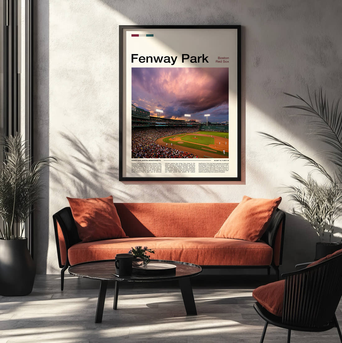 Fenway Park Stadium Print framed on the wall of a modern living room