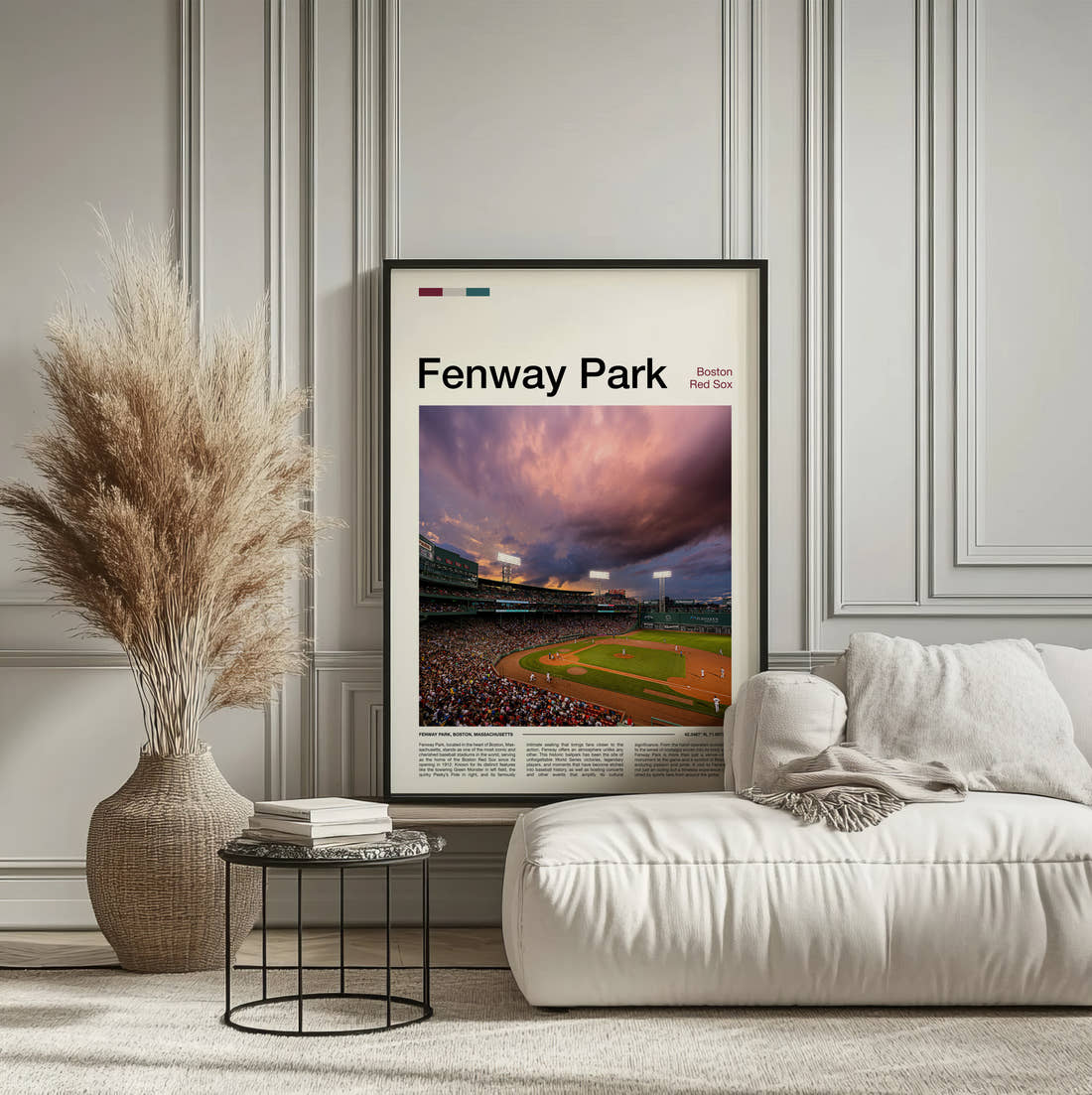 Fenway Park Stadium Print framed on the wall of a calm, neutral bedroom