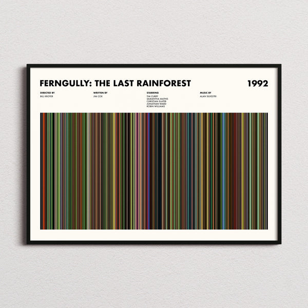 FernGully: The Last Rainforest Movie Barcode Poster framed and photographed straight on
