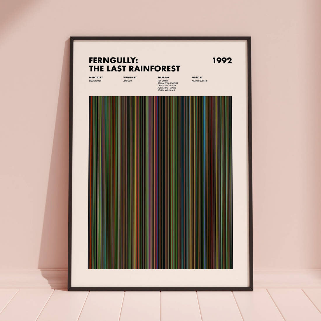 FernGully: The Last Rainforest Movie Barcode Poster framed and leaning against a coloured wall
