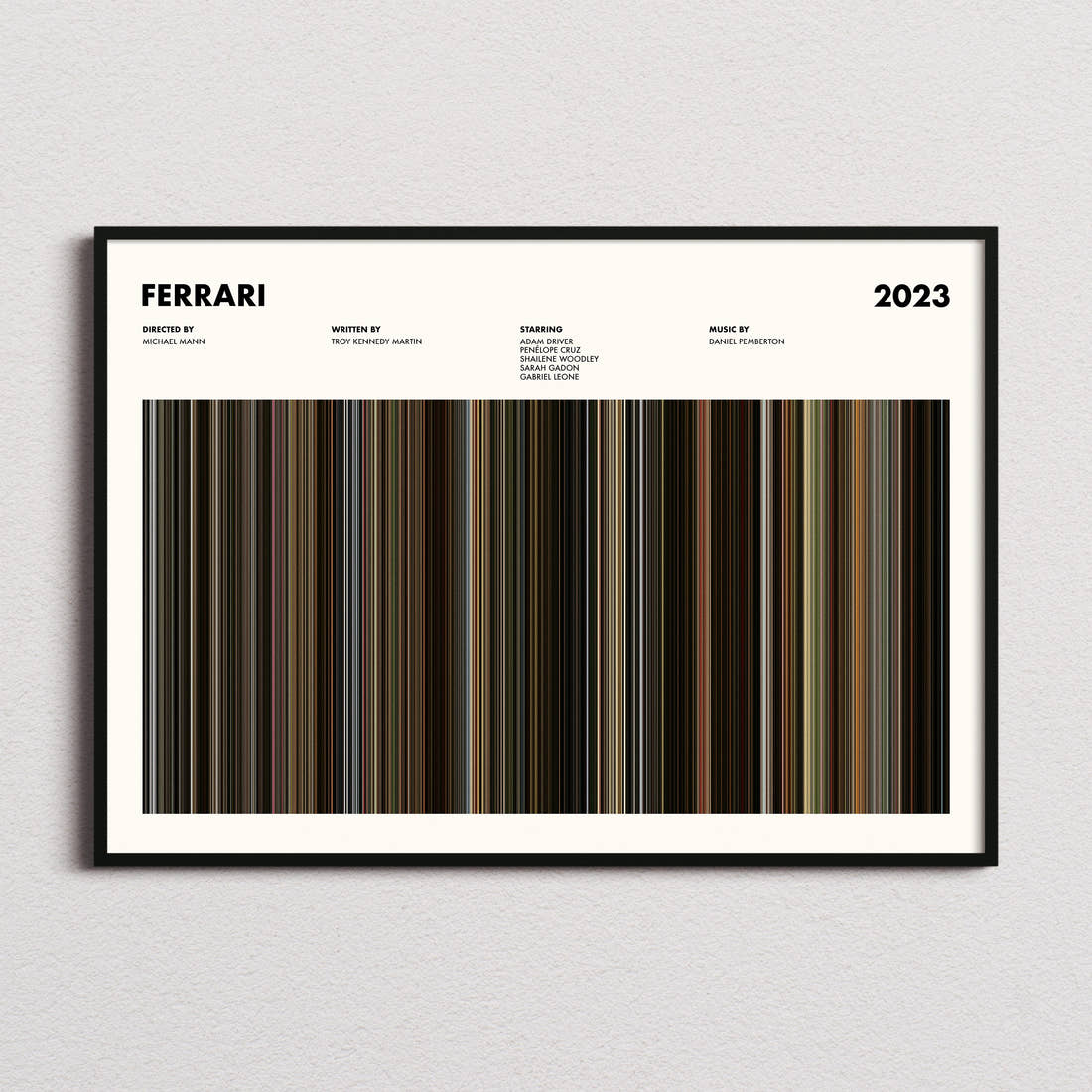 Ferrari Movie Barcode Poster framed and photographed straight on