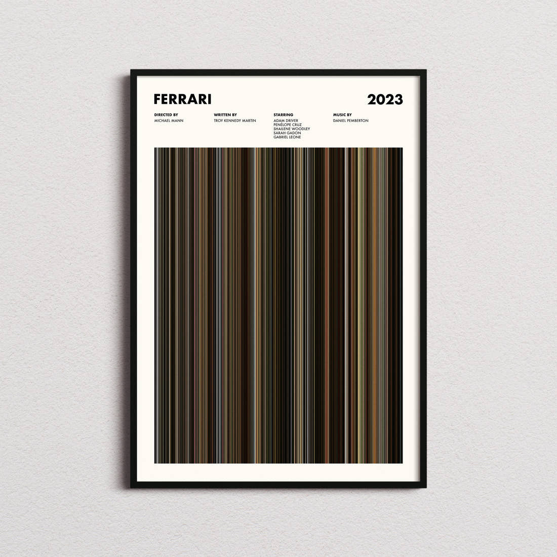 Ferrari Movie Barcode Poster framed on a plain studio wall