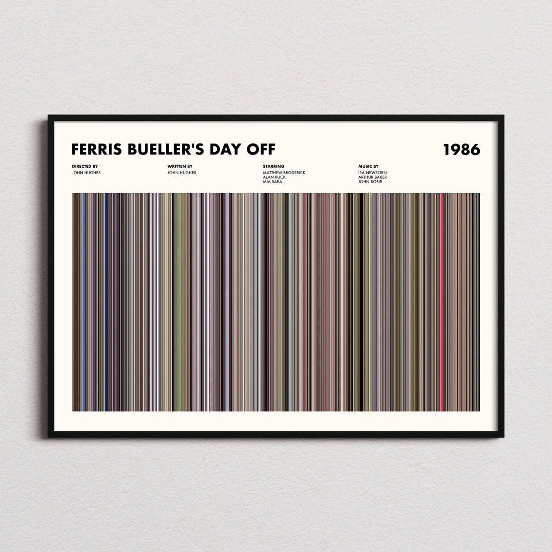 Ferris Bueller's Day Off Movie Barcode Poster framed and photographed straight on