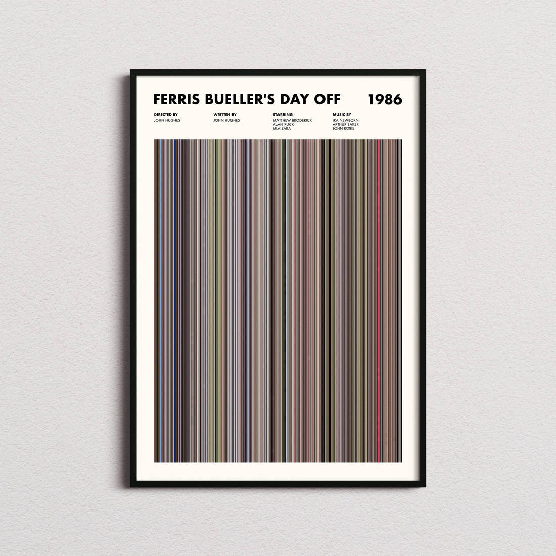 Ferris Bueller's Day Off Movie Barcode Poster framed on a plain studio wall