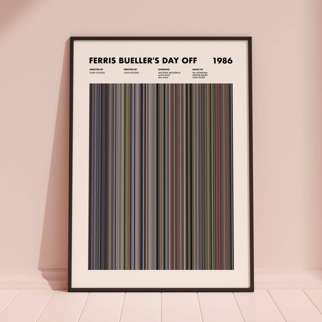 Ferris Bueller's Day Off Movie Barcode Poster framed and leaning against a coloured wall