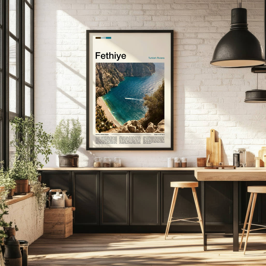 Fethiye Turquoise Cove From Above Travel Print framed on the wall of a bright kitchen and dining space