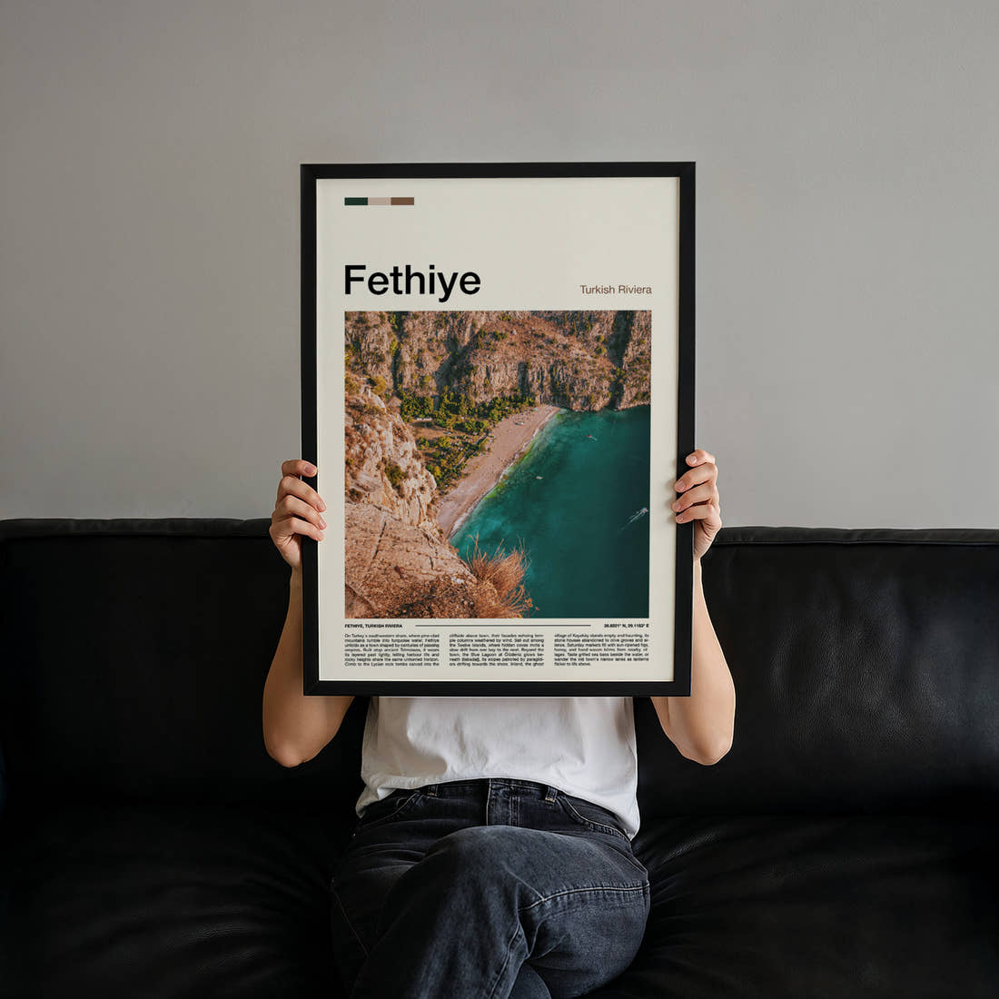 Fethiye Aerial Coastal Cliffs Travel Print held up by hand to show the size of the print