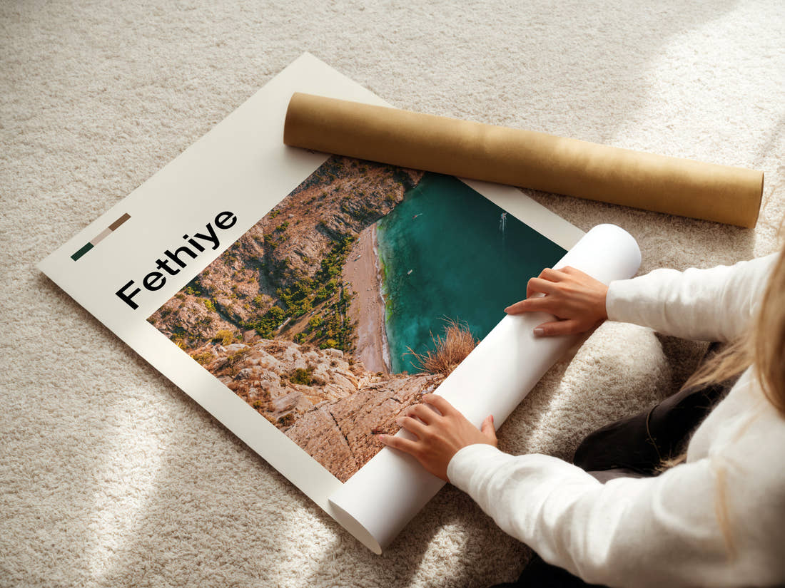 Fethiye Aerial Coastal Cliffs Travel Print being unrolled from its postal tube