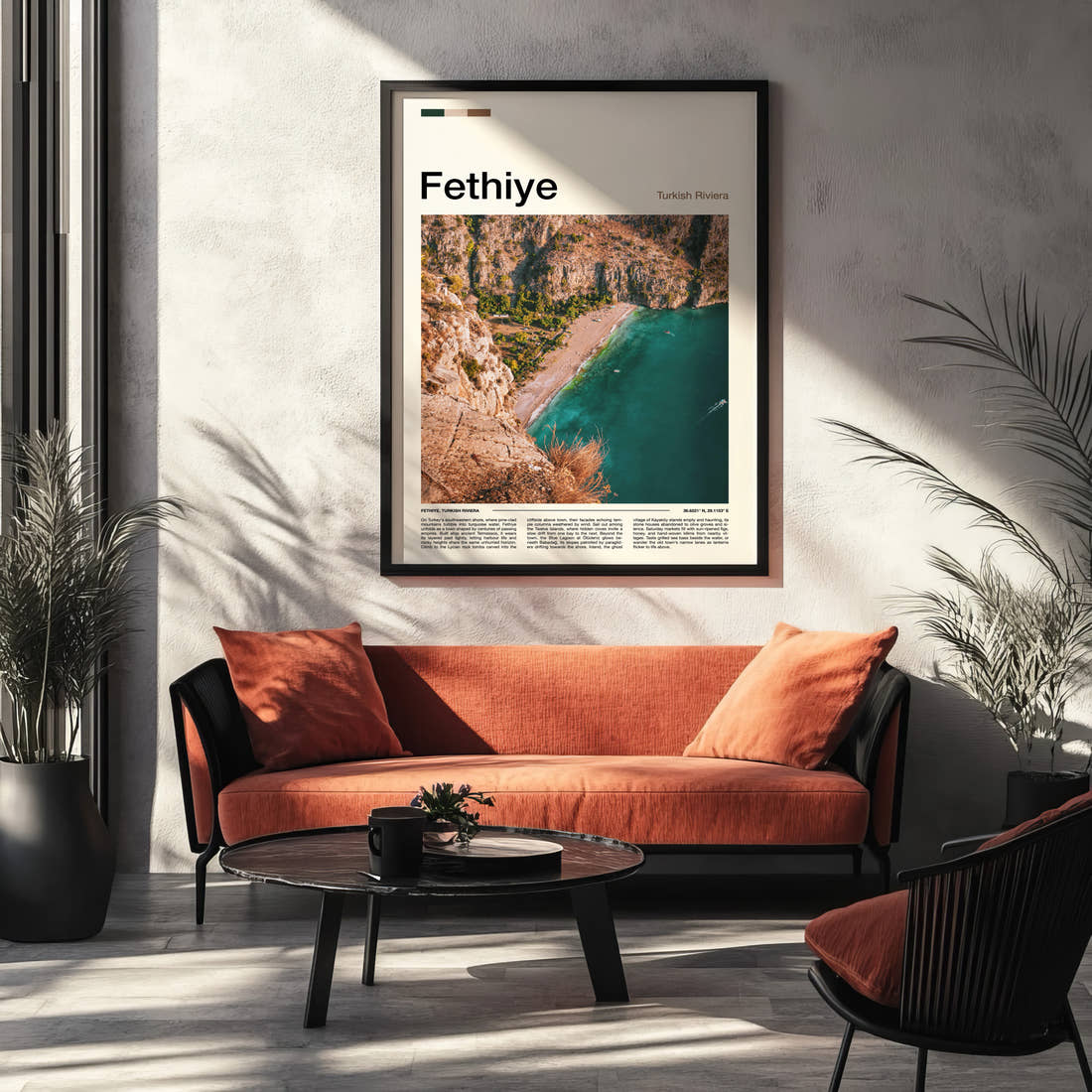 Fethiye Aerial Coastal Cliffs Travel Print framed on the wall of a modern living room