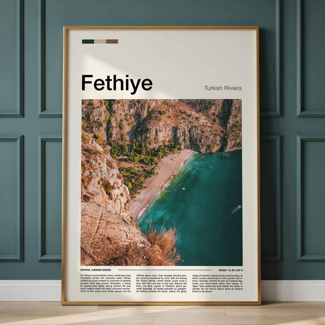 Fethiye Aerial Coastal Cliffs Travel Print framed on the wall of a calm, neutral bedroom