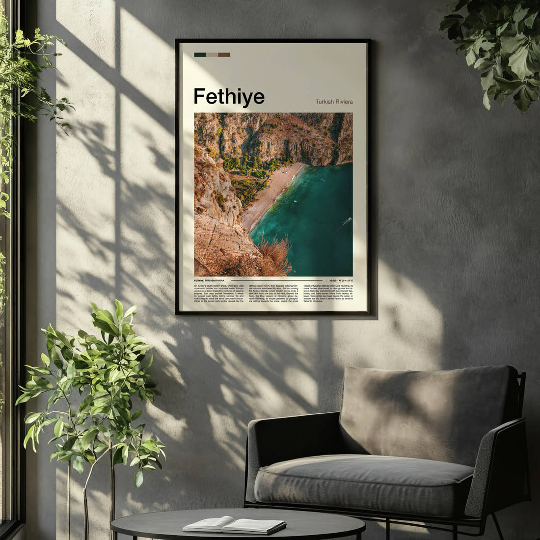 Fethiye Aerial Coastal Cliffs Travel Print framed on the wall of a relaxed living room