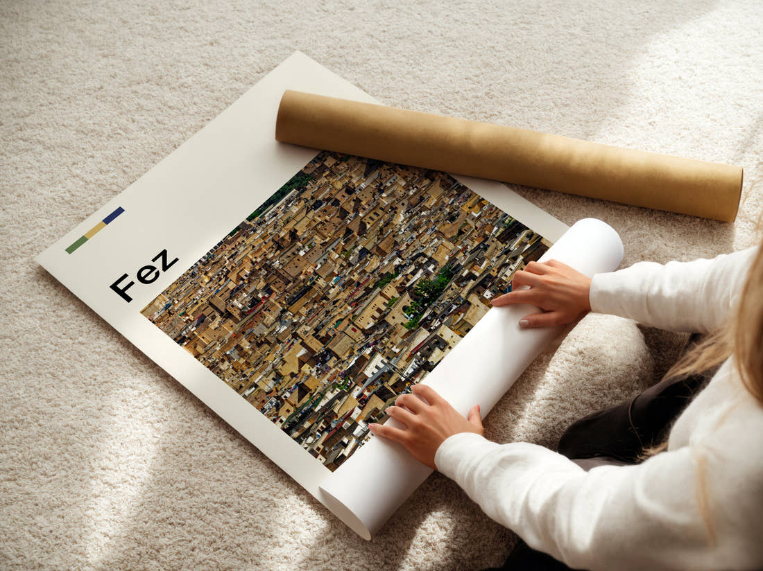 Fez Medina Rooftops Travel Print being unrolled from its postal tube