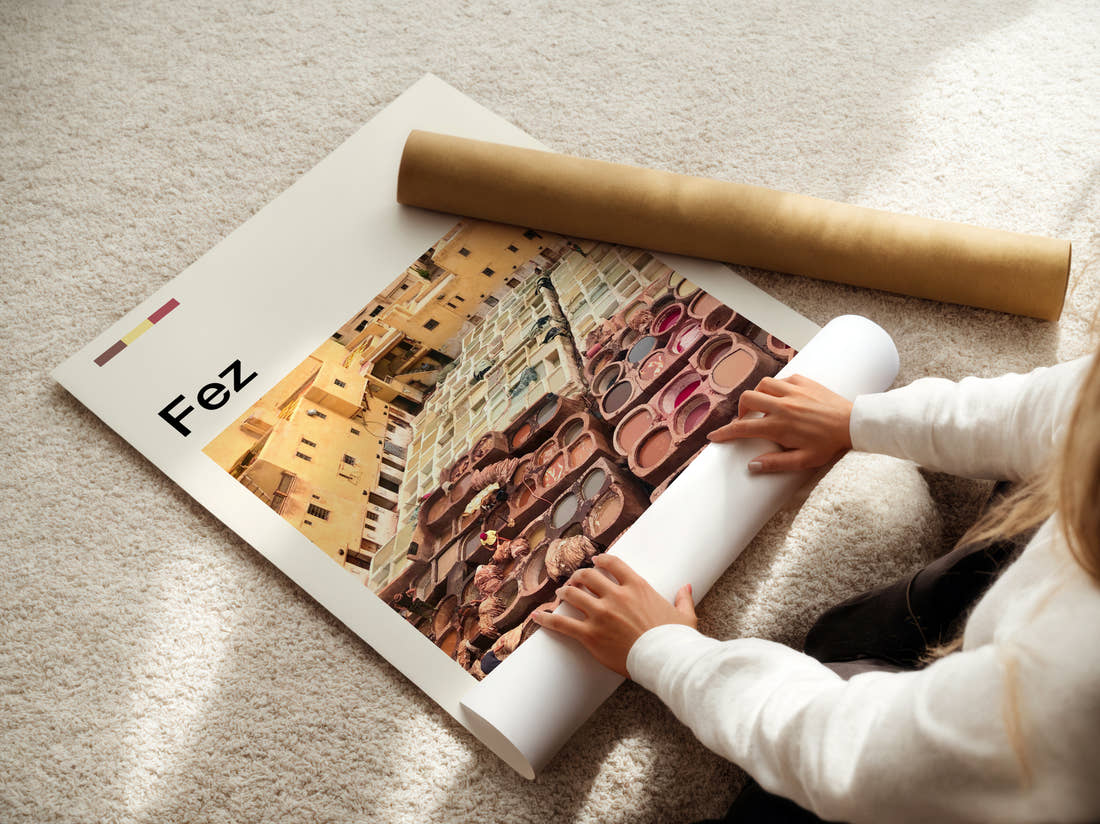 Fez Tannery Dye Pits Travel Print being unrolled from its postal tube