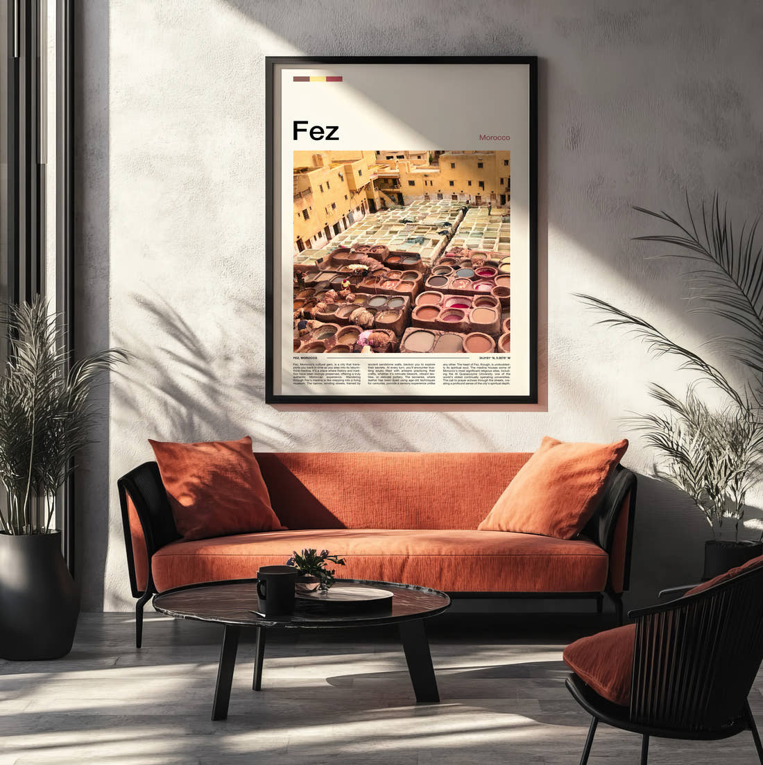 Fez Tannery Dye Pits Travel Print framed on the wall of a modern living room